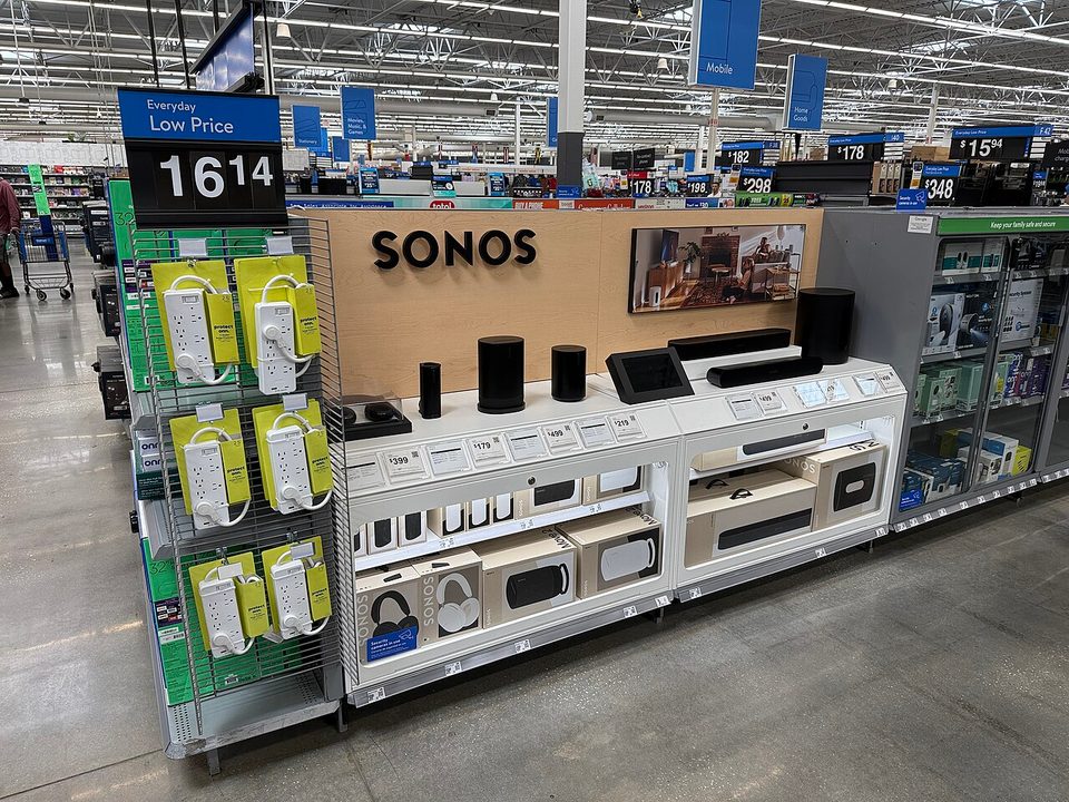 Sonos speakers and soundbars on display at a store