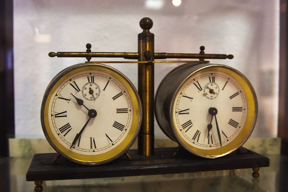 A mechanical chess clock with two dials