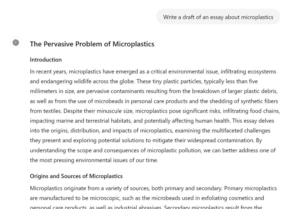 A ChatGPT conversation drafting an essay about microplastics, the machine's default register on display