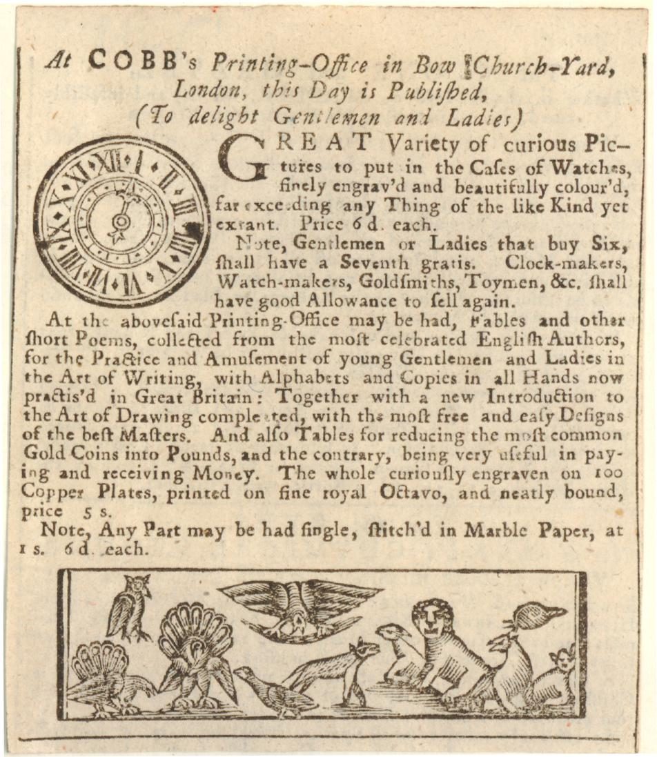 An eighteenth-century printed trade card from a London printing-office, the paper ancestor of the one-page site