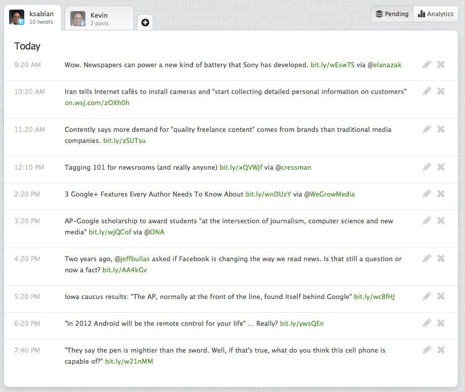 Screenshot of a Buffer queue listing a day of tweets scheduled at set times