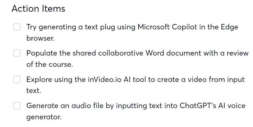 Screenshot of an Otter.ai meeting summary showing an auto-generated list of four action items