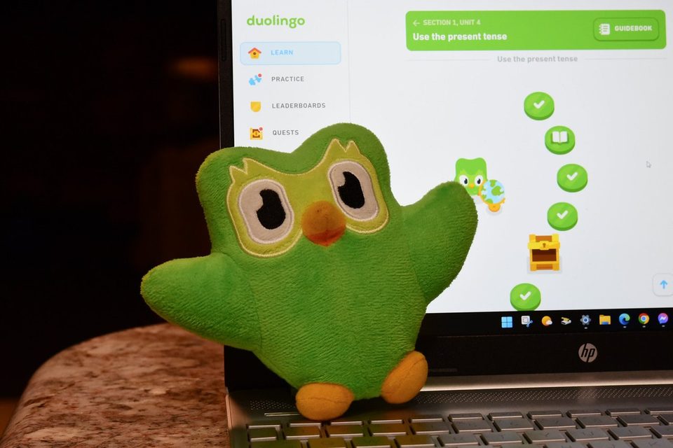 A green Duolingo owl plush sitting in front of a laptop that shows a Duolingo lesson path