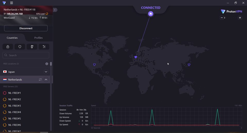 Screenshot of the Proton VPN desktop app with its server list