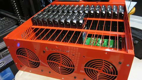 A partially assembled Backblaze Storage Pod chassis full of hard drives
