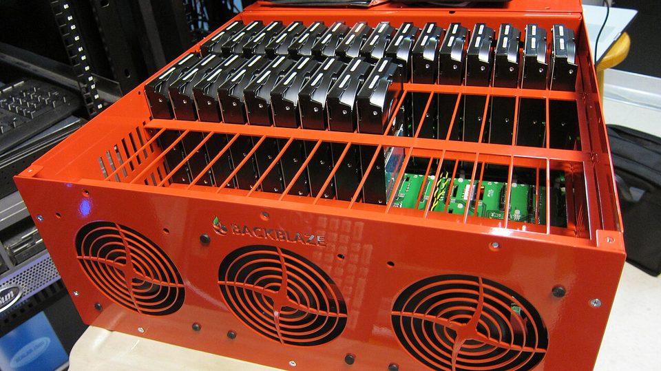 A partially assembled Backblaze Storage Pod chassis full of hard drives