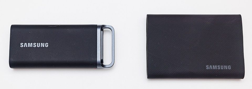 A Samsung T9 portable SSD next to a T5 Evo, both facing up