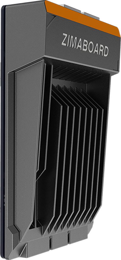 A ZimaBoard single-board server standing upright on its edge, the finned aluminum case doubling as the heatsink