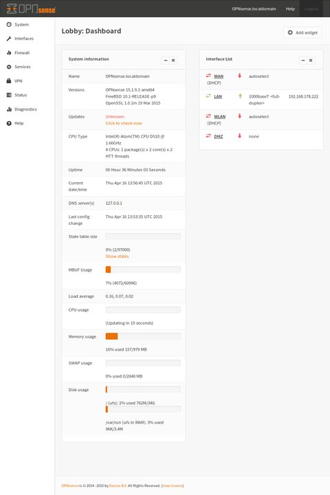 The OPNsense web dashboard, system information and interface widgets open in a browser