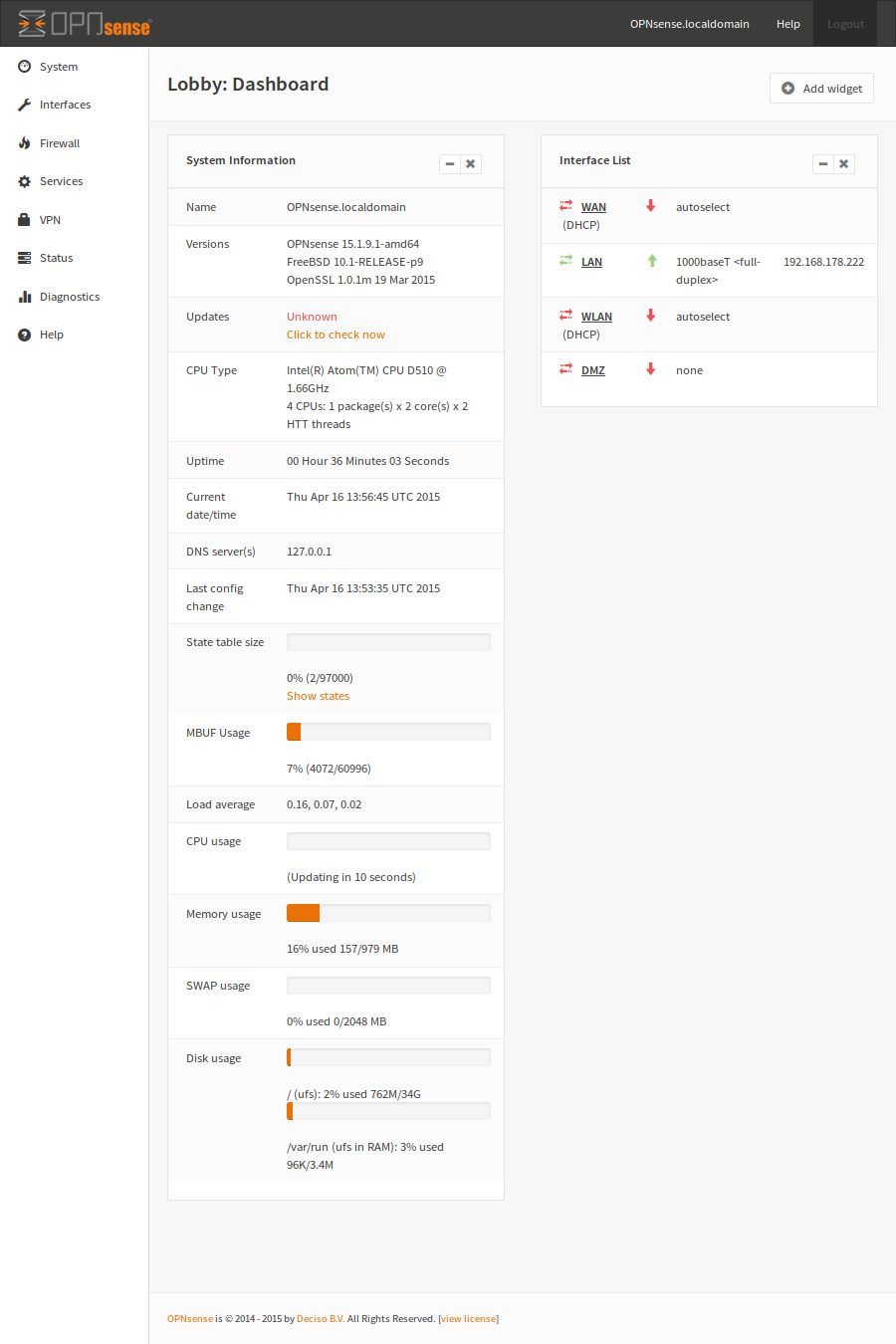 The OPNsense web dashboard, system information and interface widgets open in a browser