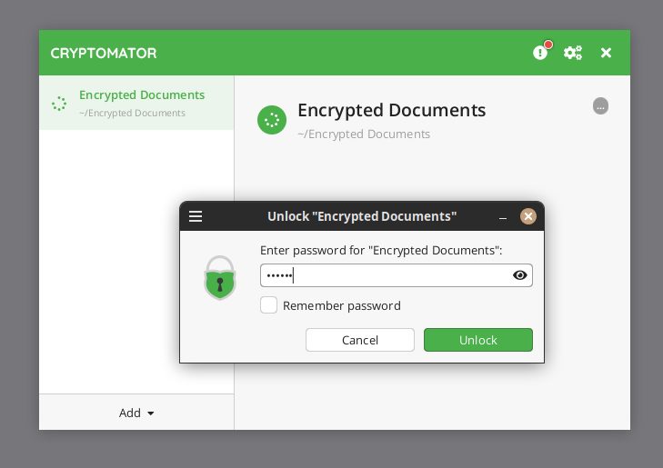 The Cryptomator desktop application showing an unlocked vault