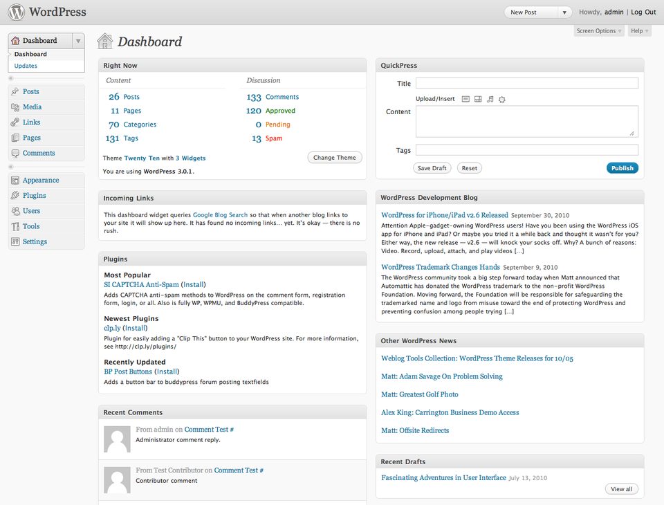 WordPress admin dashboard on a screen