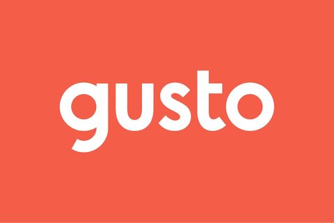The Gusto wordmark in white on a coral background
