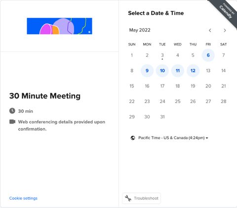 The Calendly scheduling application showing event types and one-time event options on screen