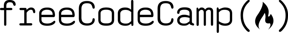 The freeCodeCamp logo, the words free Code Camp in dark type